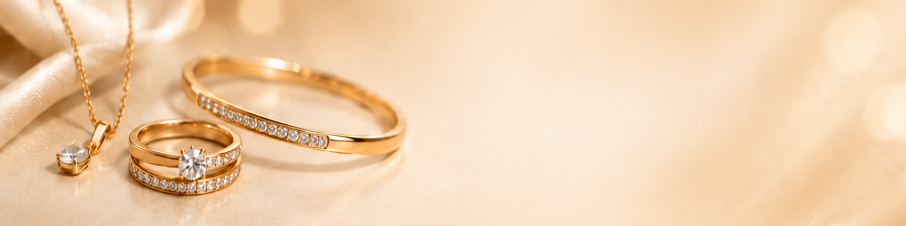 Gold and diamond jewellery arranged on warm cream fabric