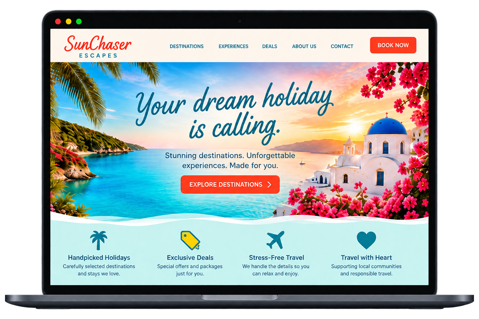 A laptop displaying a colourful SunChaser Escapes business website