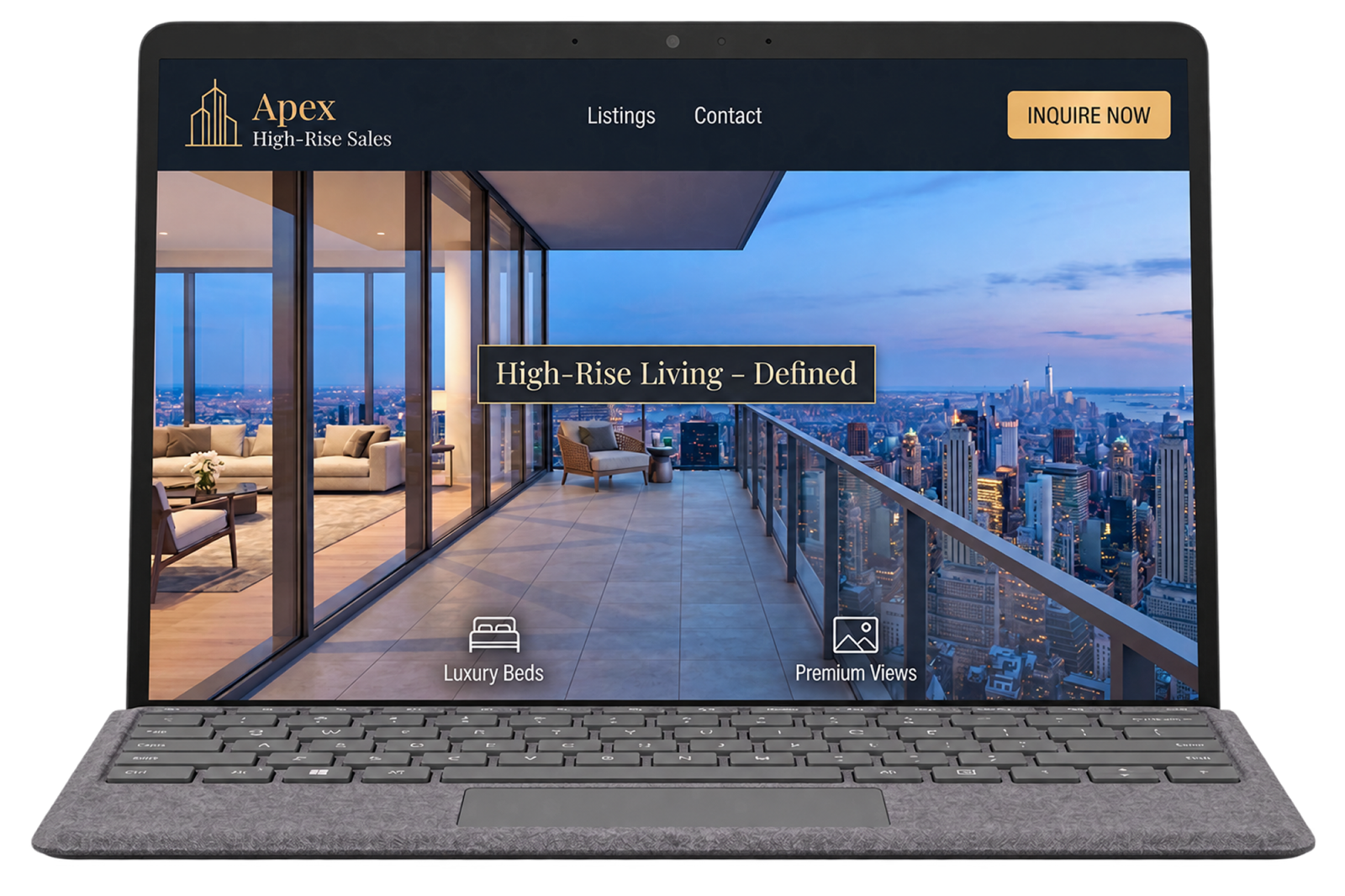Laptop displaying the Apex High-Rise Sales website